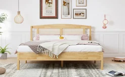 Lit 160x200 cm en pin et rotin PE avec tête de lit décorative, design naturel, 15 lattes et pieds centraux