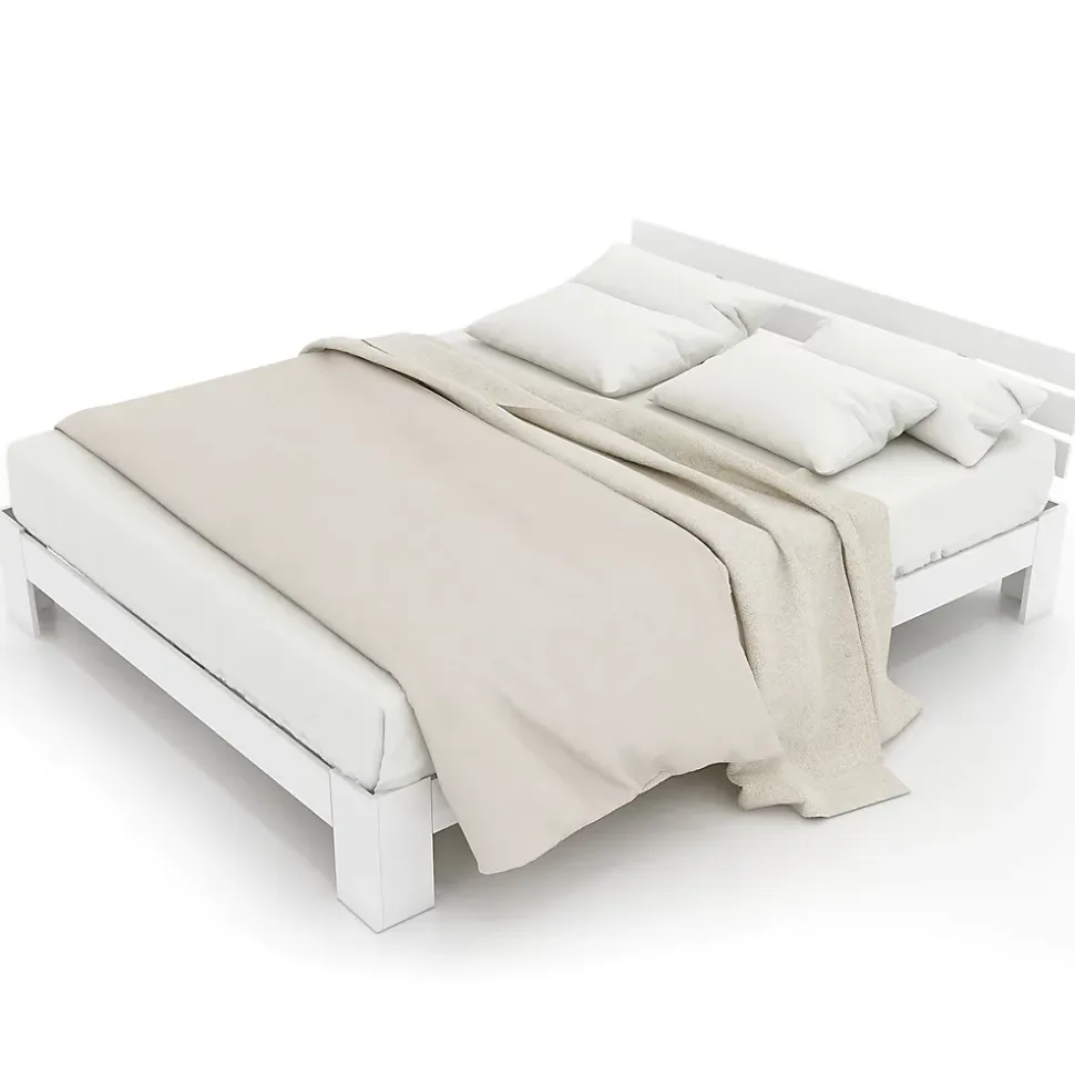 Lit 140x200 cm en pin massif blanc avec rangement sous-lit, design rustique et fonctionnel