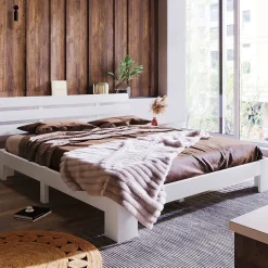 Lit 140x200 cm en pin massif blanc avec rangement sous-lit, design rustique et fonctionnel