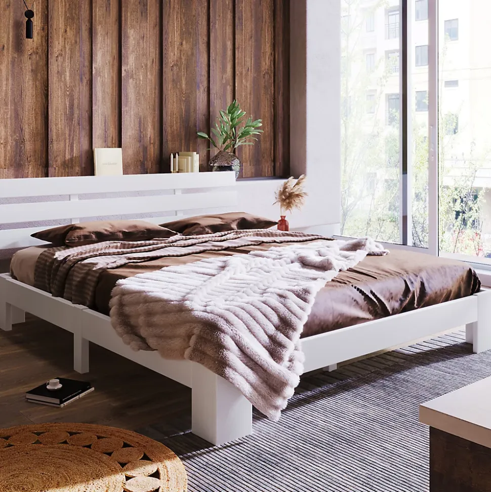 Lit 140x200 cm en pin massif blanc avec rangement sous-lit, design rustique et fonctionnel