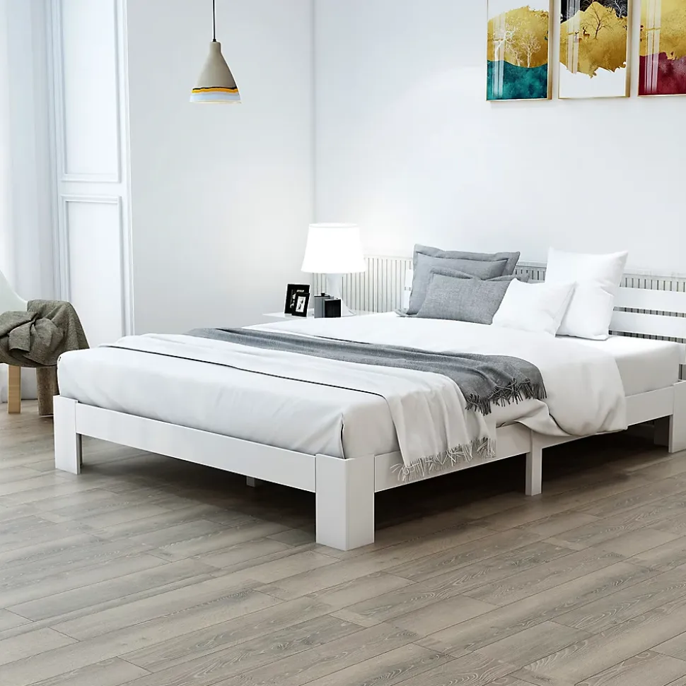 Lit 140x200 cm en pin massif blanc avec rangement sous-lit, design rustique et fonctionnel