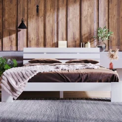 Lit 140x200 cm en pin massif blanc avec rangement sous-lit, design rustique et fonctionnel