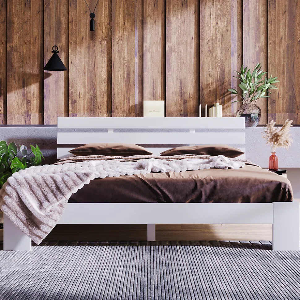 Lit 140x200 cm en pin massif blanc avec rangement sous-lit, design rustique et fonctionnel