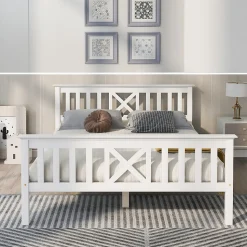 Lit 140x200 cm en pin massif blanc avec 4 tiroirs de rangement et tête de lit en X, design fonctionnel