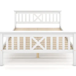 Lit 140x200 cm en pin massif blanc avec 4 tiroirs de rangement et tête de lit en X, design fonctionnel