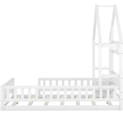 Lit 140x200 cm en pin massif blanc avec tête de lit en forme de maison et table de chevet intégrée