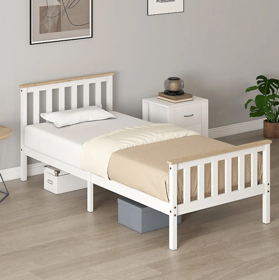 Lit 90x200 cm en pin massif blanc avec rangement sous le sommier, design naturel et silencieux