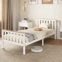 Lit 90x200 cm en pin massif blanc avec rangement sous le sommier, design naturel et silencieux