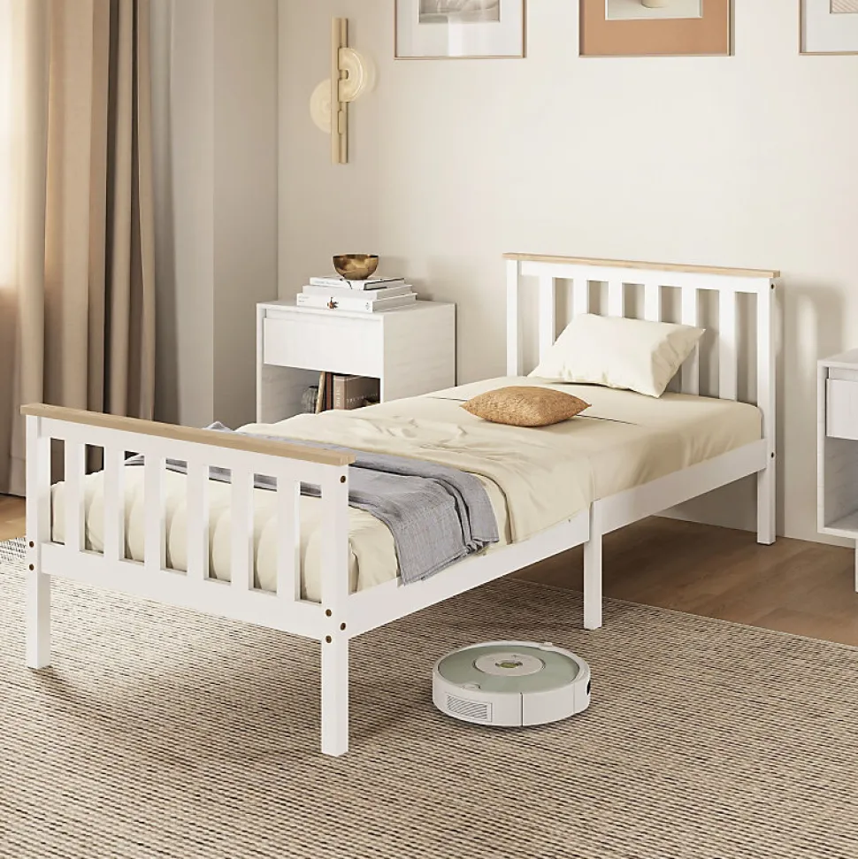 Lit 90x200 cm en pin massif blanc avec rangement sous le sommier, design naturel et silencieux