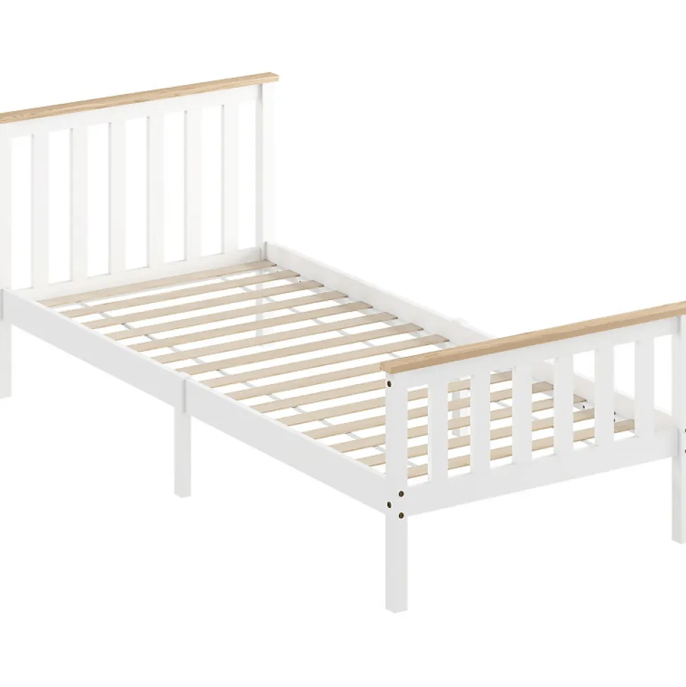 Lit 90x200 cm en pin massif blanc avec rangement sous le sommier, design naturel et silencieux