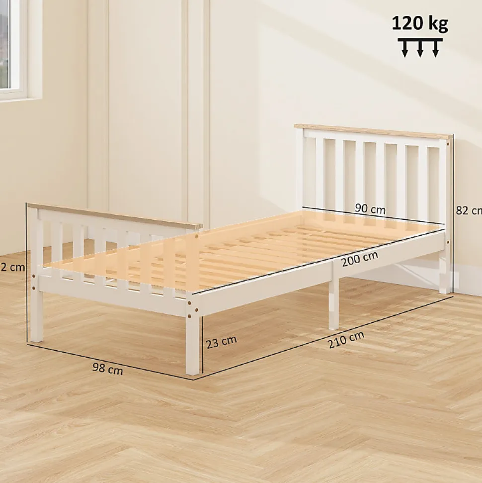 Lit 90x200 cm en pin massif blanc avec rangement sous le sommier, design naturel et silencieux