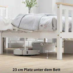 Lit 90x200 cm en pin massif blanc avec rangement sous le sommier, design naturel et silencieux