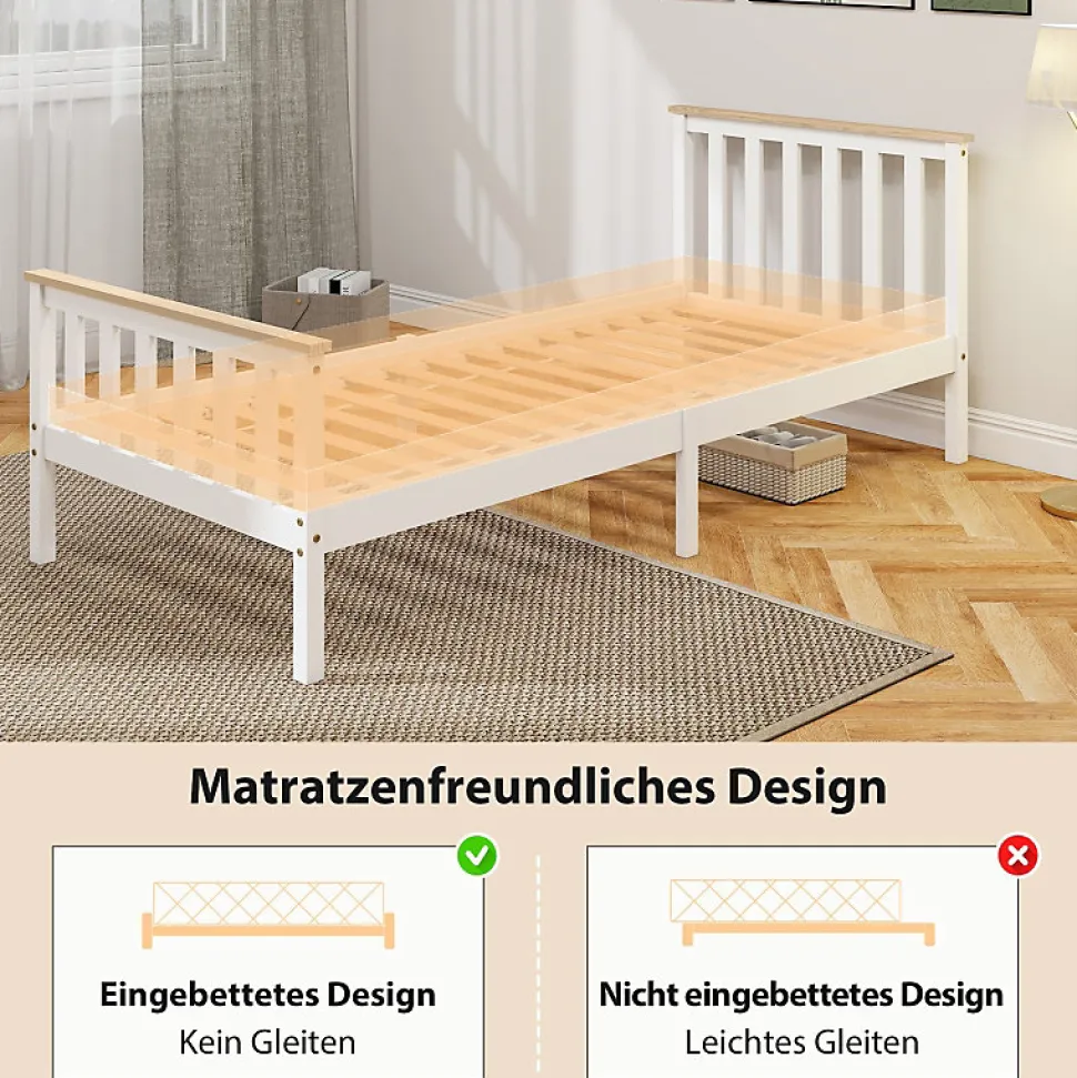 Lit 90x200 cm en pin massif blanc avec rangement sous le sommier, design naturel et silencieux