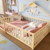 Lit 140x190 cm en pin naturel avec balustrade 32 cm et serrure, style maisonnette pour enfant