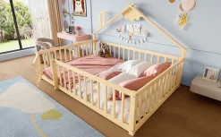 Lit 140x190 cm en pin naturel avec balustrade 32 cm et serrure, style maisonnette pour enfant