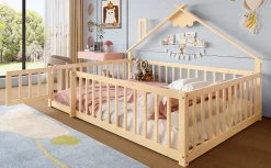 Lit 140x190 cm en pin naturel avec balustrade 32 cm et serrure, style maisonnette pour enfant