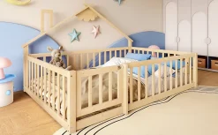 Lit 140x190 cm en pin naturel avec balustrade 32 cm et serrure, style maisonnette pour enfant