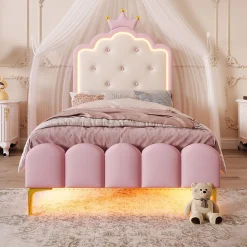 Lit 90x200 cm en PU rose avec tête de lit couronnée et éclairage LED d'ambiance réglable, sommier à lattes