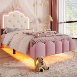 Lit 90x200 cm en PU rose avec tête de lit couronnée et éclairage LED d'ambiance réglable, sommier à lattes