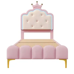 Lit 90x200 cm en PU rose avec tête de lit couronnée et éclairage LED d'ambiance réglable, sommier à lattes