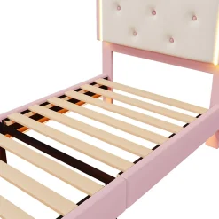 Lit 90x200 cm en PU rose avec tête de lit couronnée et éclairage LED d'ambiance réglable, sommier à lattes