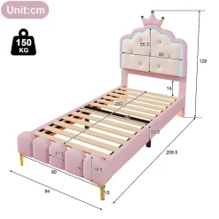 Lit 90x200 cm en PU rose avec tête de lit couronnée et éclairage LED d'ambiance réglable, sommier à lattes