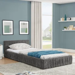 Lit 90x200 cm en tissu chenille Dark Gray, plis décoratifs, bois d'eucalyptus et cadre métal stable