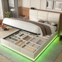 Lit 180x200 cm en velours beige avec tête de lit réglable, éclairage LED dimmable et grand rangement