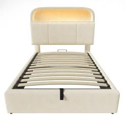 Lit 90x200 cm en velours beige avec tête de lit réglable et rangement hydropneumatique au design contemporain