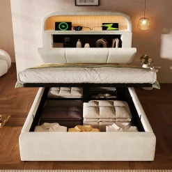 Lit 90x200 cm en velours beige avec tête de lit réglable et rangement hydropneumatique au design contemporain