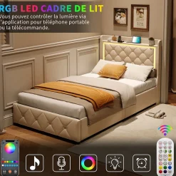 Lit 90x200 cm en velours beige avec tiroirs, rangement tête et lit à gaz, LED, ports USB/Type-C, design moderne et confortable