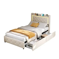 Lit 90x200 cm en velours beige avec tiroirs, rangement tête et lit à gaz, LED, ports USB/Type-C, design moderne et confortable