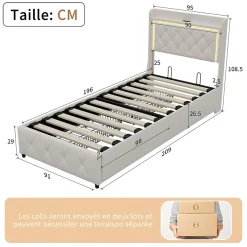 Lit 90x200 cm en velours beige avec tiroirs, rangement tête et lit à gaz, LED, ports USB/Type-C, design moderne et confortable