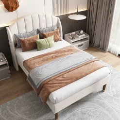 Lit 90x200 cm en velours beige avec tête de lit matelassée et sommier à lattes bois, design contemporain
