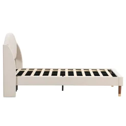 Lit 90x200 cm en velours beige avec tête de lit matelassée et sommier à lattes bois, design contemporain