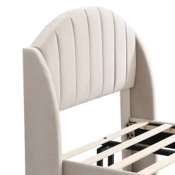 Lit 90x200 cm en velours beige avec tête de lit matelassée et sommier à lattes bois, design contemporain