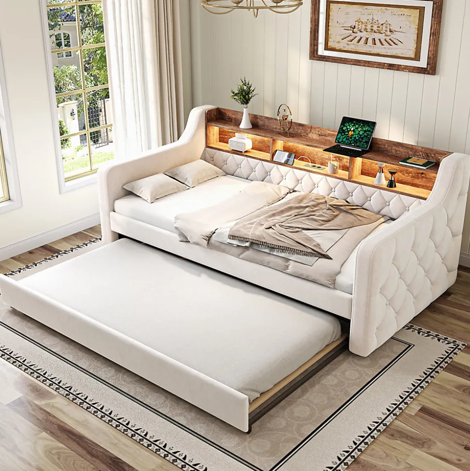 Lit 90x190 cm en velours beige avec rangement intégré, au design moderne et gain de place idéal pour studio