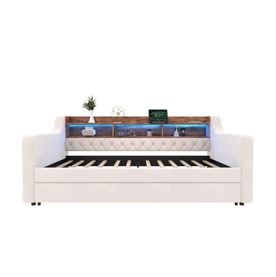 Lit 90x190 cm en velours beige avec rangement intégré, au design moderne et gain de place idéal pour studio