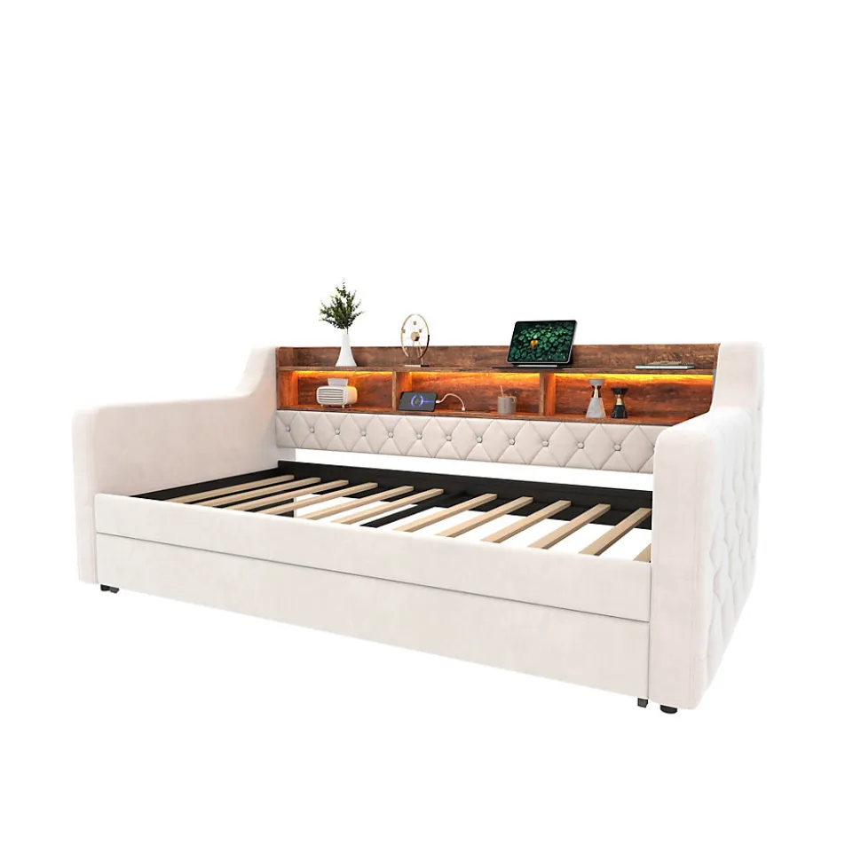 Lit 90x190 cm en velours beige avec rangement intégré, au design moderne et gain de place idéal pour studio