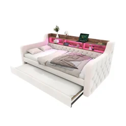 Lit 90x190 cm en velours beige avec rangement intégré, au design moderne et gain de place idéal pour studio