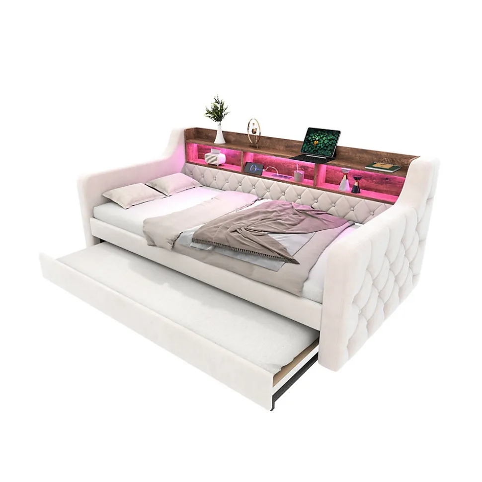 Lit 90x190 cm en velours beige avec rangement intégré, au design moderne et gain de place idéal pour studio