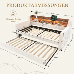 Lit 90x190 cm en velours beige avec rangement intégré, au design moderne et gain de place idéal pour studio