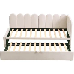 Lit 90x200 cm en velours beige, convertible en 180x200 cm, forme en L avec dossier rembourré