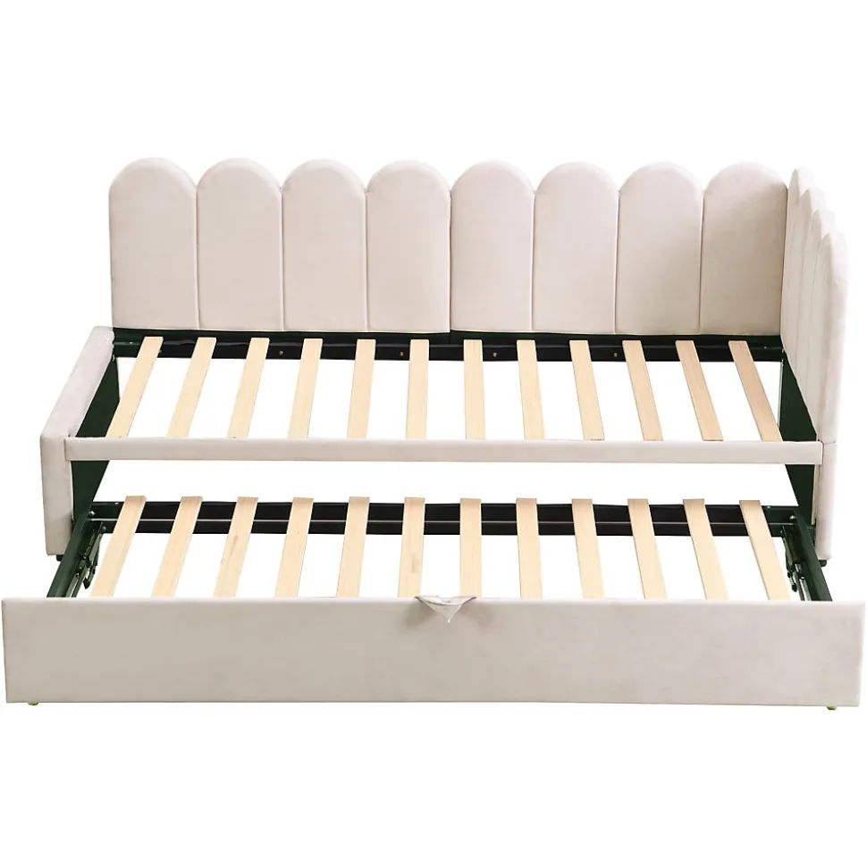 Lit 90x200 cm en velours beige, convertible en 180x200 cm, forme en L avec dossier rembourré