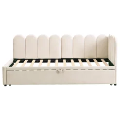 Lit 90x200 cm en velours beige, convertible en 180x200 cm, forme en L avec dossier rembourré