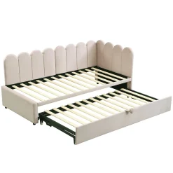 Lit 90x200 cm en velours beige, convertible en 180x200 cm, forme en L avec dossier rembourré