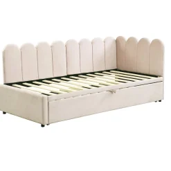 Lit 90x200 cm en velours beige, convertible en 180x200 cm, forme en L avec dossier rembourré