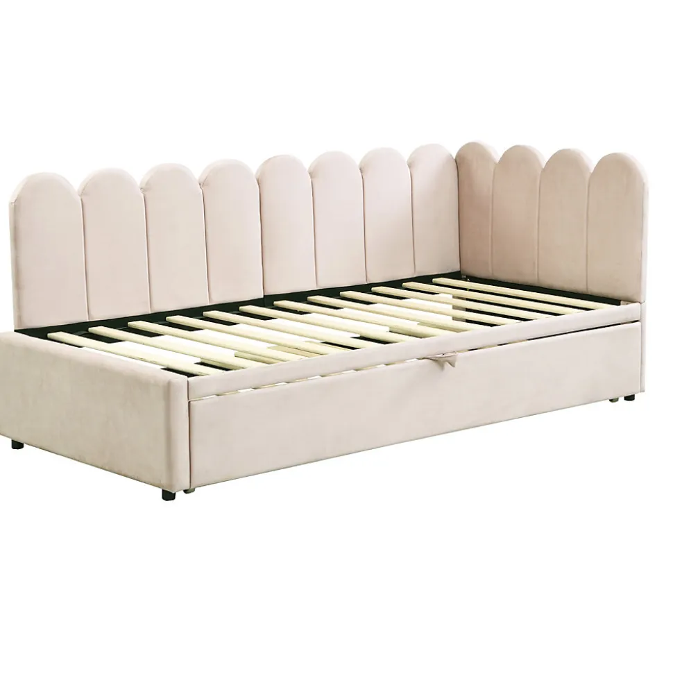 Lit 90x200 cm en velours beige, convertible en 180x200 cm, forme en L avec dossier rembourré