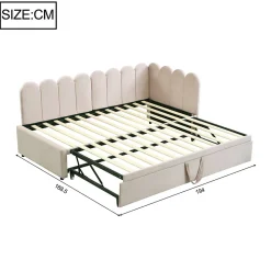 Lit 90x200 cm en velours beige, convertible en 180x200 cm, forme en L avec dossier rembourré