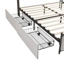 Lit 180x200 cm en velours beige avec tiroirs, tête de lit LED multicolore, USB/Type-C et rangement sous lit